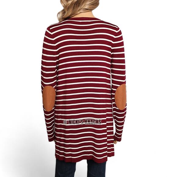 Stitch Fix Striped Waterfall Cardigan Red White Open Front Elbow Patch Size M - Picture 3 of 9